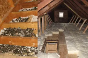 A picture of an attic with insulation and a ladder.
