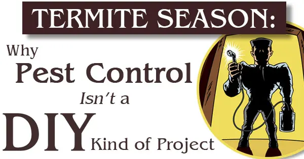 A man in a suit with the words, termite season pest control why it's not a diy kind of project.