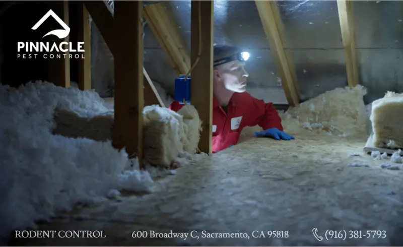A man in a red jacket is standing in an attic.