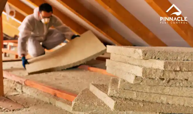 A man is putting insulation into an attic.