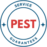 A blue and red logo with the word pest.